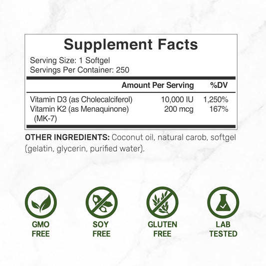 DEAL SUPPLEMENT Vitamin D3 10,000 IU + K2 MK7 200mcg Softgels, 250 Count | 2-in-1 Complex with Virgin Coconut Oil | Supports Heart, Bone, Teeth & Immune Health* | Easy to Swallow