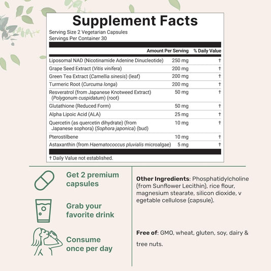 Liposomal NAD+ Ultimate 1,000mg | 60 Veggie Capsules | NMN Pathway Formula | 10-in-1 with Resveratrol, Glutathione & Astaxanthin | NAD Supplement for Women & Men | Anti-Aging, Energy, & Brain Support