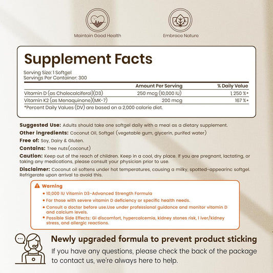 VEV Corefeel Vitamin D3 K2 10,000 IU, 200 mcg MK-7, 300 Coconut Oil Softgels, 2 in 1 Vitamins Supplement D & K (Include MK7), Easy to Swallow, Supports Calcium Absorption, Bone Health